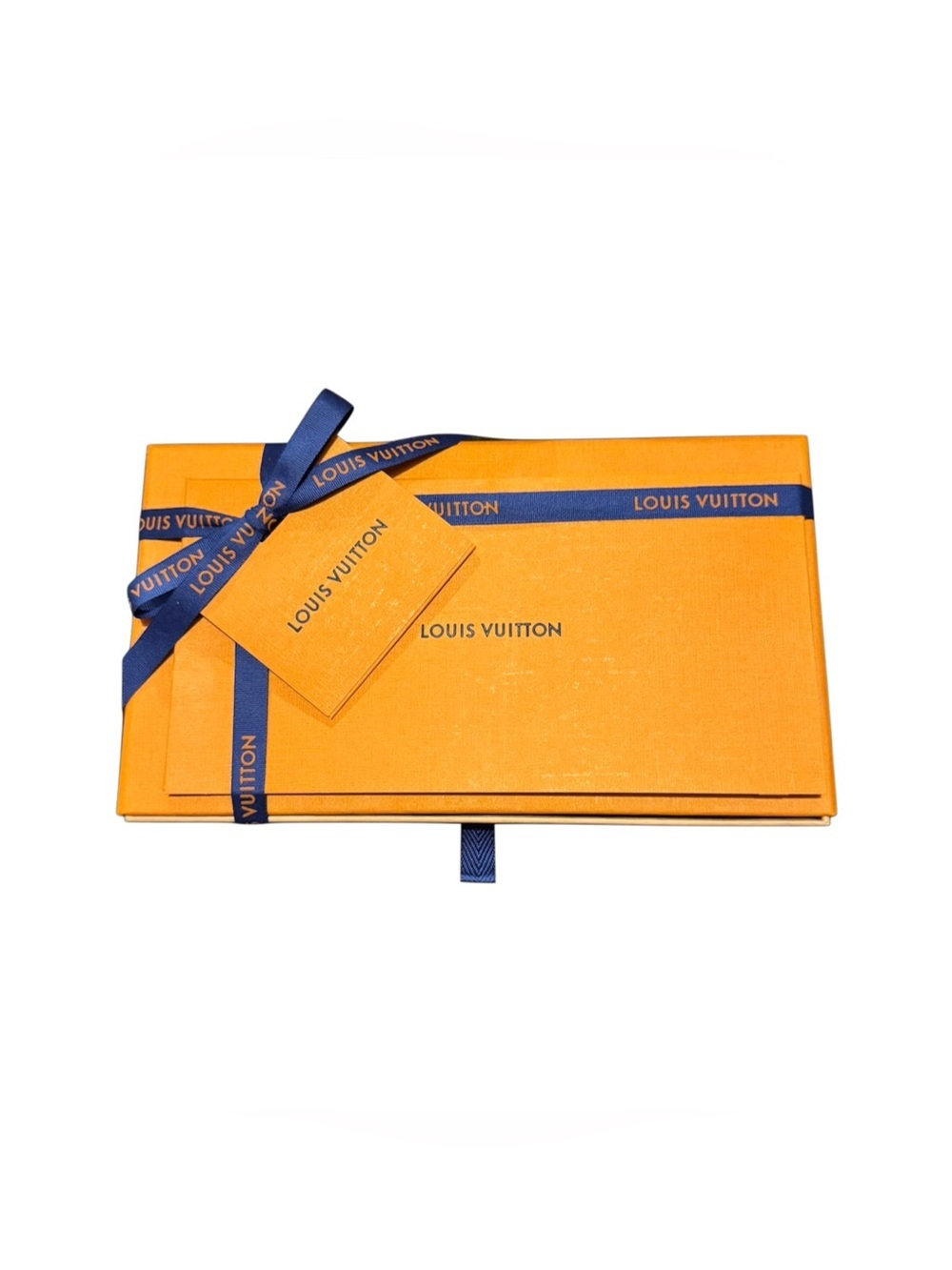 Louis Vuitton Orange Box with Navy Blue Ribbon, Tag, & Paper